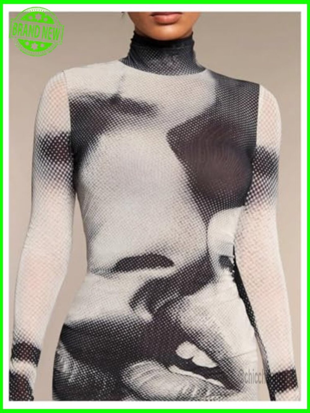 Graphic Print Bodycon Mini Dress Long Sleeve Turtleneck Pencil Dress - Picture 3 of 6